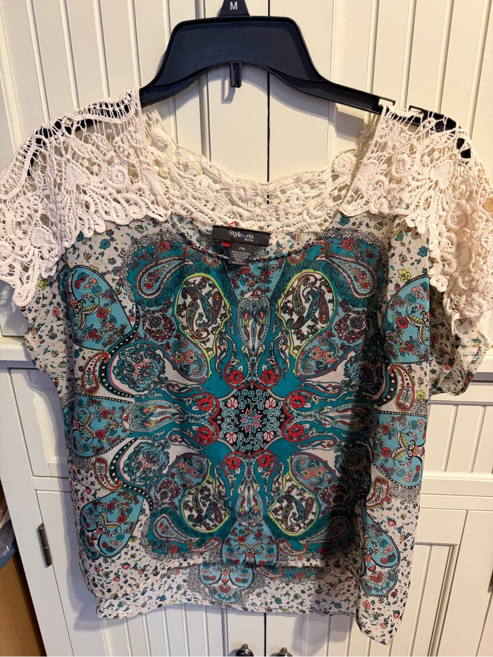 Style & Co. Paisley Crochet-Yoke Women's Blouse in Teal and Cream